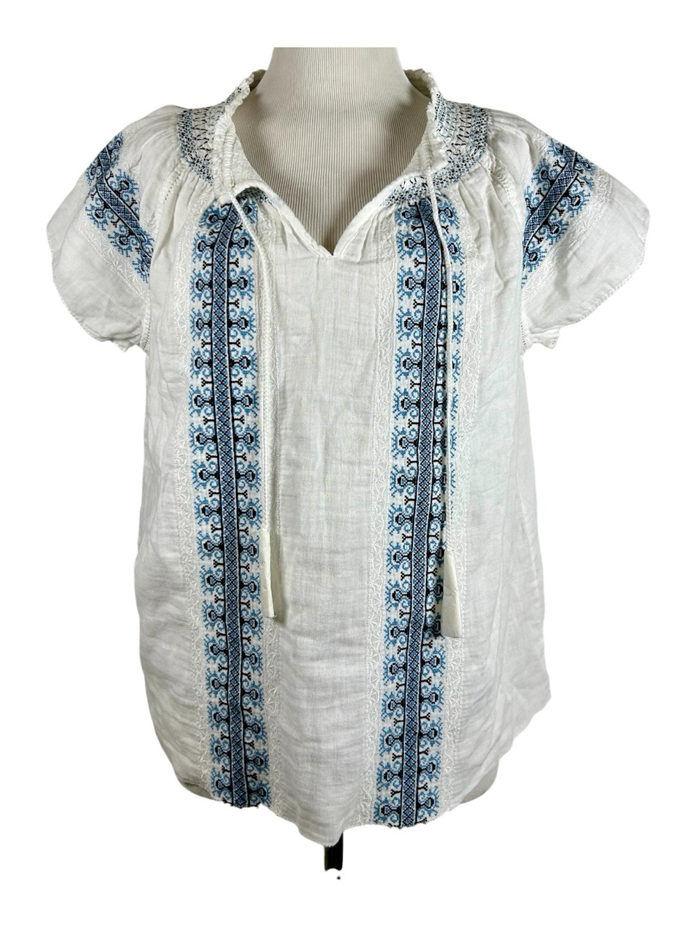FAHERTY Liana Top - White 
with Blue Embroidery